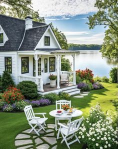 a white house sitting on top of a lush green field next to a body of water