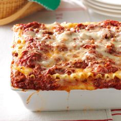 a lasagna casserole with meat sauce and cheese