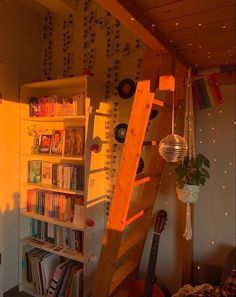 a room with a ladder and bookshelf in it