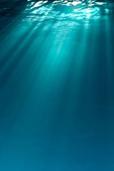 an underwater view of the ocean with sunlight coming through the water's surface and light shining