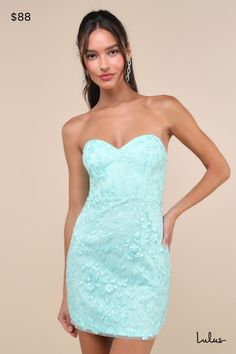 Look seriously remarkable every time you slip into the Lulus Exquisite Sensation Teal Floral Embroidered Strapless Mini Dress! Teal floral embroidery adorns a sheer mesh overlay (atop a matching knit liner) that shapes this sultry lil' dress that features a flirty sweetheart neckline and a strapless bodice with supportive boning and hidden no-slip strips. The high, fitted waist tops a mini bodycon skirt that'll perfectly flatter your figure all night long. Hidden back zipper/clasp. Fit: This gar Hoco Dresses Baby Blue, Teal Hoco Dresses, Spring Graduation Dress, Teal Homecoming Dresses, Anniversary Dresses, Homecoming Inspo, Mini Homecoming Dress, Bodycon Dress Homecoming, Anniversary Dress