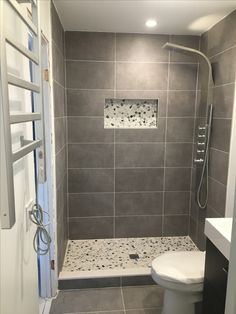 a bathroom with gray tiles and a white toilet next to a walk - in shower