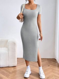 Light Grey Casual Collar Short Sleeve Fabric Plain Bodycon Embellished Medium Stretch Spring/Summer Women Clothing Body Con Knit Dress, Rib Fabric Dress, Danim Skirt, Modest Bodycon Dress, Long Bodycon Dress Outfit Casual, Body Con Dress Outfit Casual, Fish Net Tights Outfit, Modest Christian Clothing, Female Clothes Outfits