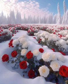 red and white roses in the snow with trees in the backgrounnds