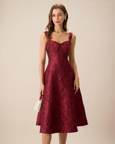 The Red Sweetheart Neck Jacquard Midi Dress & Reviews - Red - Dresses | RIHOAS Christmas Shop, Beige Dresses, Red Midi Dress, Long Sleeve Short Dress, Fall Skirts, Cocktail Parties, Sweetheart Neck, Evening Attire, Ruched Dress