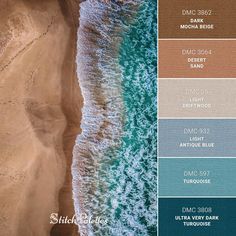 an aerial view of the ocean and beach with blue, brown, and white colors