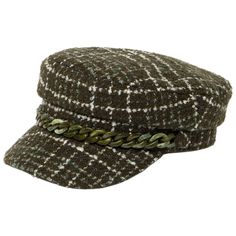 a brown and white tweed hat with chains on the brimmed, side view