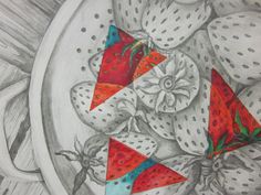 a drawing of strawberries and oranges in a bowl