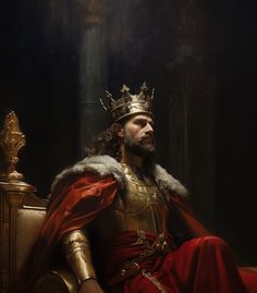 a painting of a man wearing a crown and sitting on a chair with his hands in his pockets