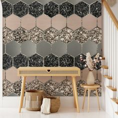 the wallpaper in this room is made up of hexagonal tiles