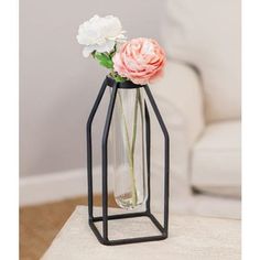 Glass Tube Vase in Metal Frame - Adley & Company Inc. Vase Display, Unique Vases, Table Vases, Lantern Candle Holders, Black Metal Frame, Gracie Oaks, Store Decor, Glass Table, Vases Decor