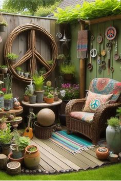 an outdoor area with potted plants, wicker furniture and peace sign on the wall