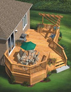 an aerial view of a deck and patio