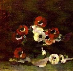 a painting of red and white flowers in a vase