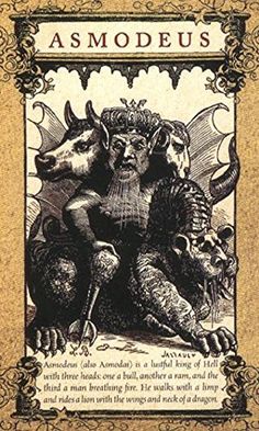 the front cover of asmodeus, with an image of a demon on it