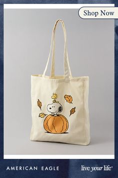 Cotton canvas construction/Printed graphic Snoopy, Christian Tote Bag Design, Peanuts Fall, Autumn Tote Bag, Fall Tote Bag, Fall Tote, Christian Tote Bags, White Jeans Men, Athletic Fit Jeans