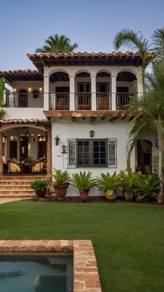 a house with a pool in front of it and palm trees around the back yard