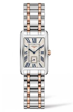 Launched in 1997, the DolceVita collection expresses a contemporary interpretation of watchmaking elegance. The slim rectangular case, a silver flinqué dial, blue steel hands and painted Roman numerals create a refined, feminine aesthetic. Style Name:Longines Dolcevita Bracelet Watch, 20.5mm X 32mm. Style Number: 5462325. Available in stores. Army Watches, Strap Sandals Women, Watch Model, Precious Jewelry, Stainless Steel Watch, Watch Collection, Adjustable Bracelet, Ankle Strap Sandals, Stainless Steel Bracelet