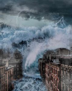 an image of a large wave crashing over buildings