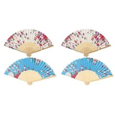 three different types of hand held fans on a white background, one is blue and the other has red flowers