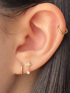 14K Gold Push Flat Back Mini Dangle Diamond Star Earring – KEILA Low Ear Piercing, Ear With 3 Piercings, Helix Piercing And Double Lobe, Helix And 2 Lobe Piercing, Double And Cartilage Piercing, Ear Piercings Earlobe, Ear 3 Piercings, 3 Stud Ear Piercing, Ear Piercings For Small Ears Ideas