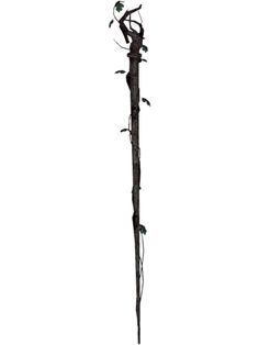 a tall metal pole with vines growing on it's sides and two birds perched on top