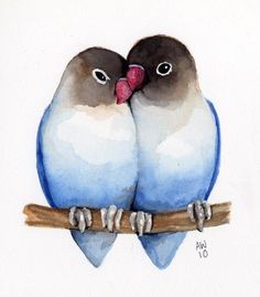 two blue birds sitting on top of a tree branch with their beaks touching each other