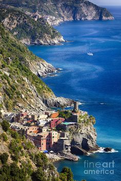 an aerial view of the village of vernazza on the coast of cinquefoila, italy