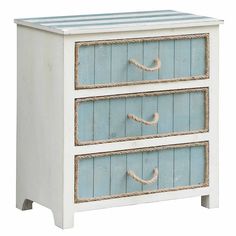 two drawers with rope handles on each side and blue painted wood bottom, one drawer has white paint and the other is light blue