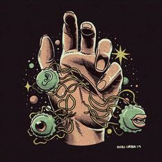 a drawing of a hand holding something in it's palm and surrounded by other objects