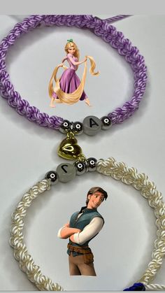 tangled necklaces with princesses and numbers on them, including the character rappui