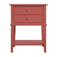 a red nightstand table with two drawers on each side and an open drawer underneath it