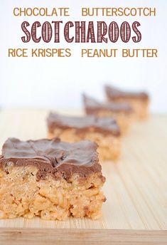 chocolate butterscotch scottaroos rice krispies peanut butter bars on a cutting board