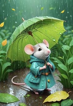 a painting of a mouse holding an umbrella and standing in the rain with leaves surrounding it