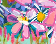 an abstract painting of pink and blue flowers