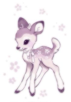 a drawing of a baby deer with flowers on it's back legs and ears