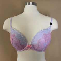 Lavender And Pink Lace Dream Angels Bra. New With Tags! Lavender Push-up Bra, Victoria's Secret Feminine Purple Bra, Fitted Purple Bra With Lace Trim, Feminine Purple Bra, Victoria's Secret Lavender Underwire Bra, Fitted Lavender Bra For Spring, Feminine Fitted Purple Bra, Fitted Feminine Purple Bra, Victoria's Secret Purple Bra For Spring