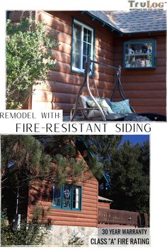 the front and side of a log cabin with fire - resistant siding