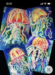 three paintings of jellyfish with different colors