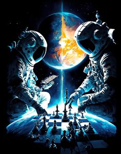 two astronauts playing chess in front of a planet