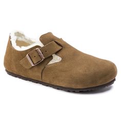 London Shearling Suede Leather Dark Tea | BIRKENSTOCK Fall Wedges, Birkenstock London, Two Strap Sandals, Clog Boots, Suede Fashion, Strap Wedge, Slipper Sandals, Kids Sandals, Platform Wedge Sandals