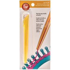 the package contains two plastic knitting needles, one yellow and one blue with an orange handle