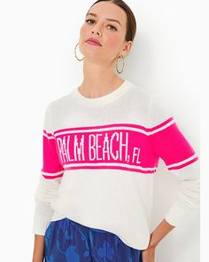 Straight fit, crewneck, pullover sweater with novelty stripes and wording. 24" in length (based on a size small/4). Fits against body at chest and hip with more room at the waist.  Cozy Cotton Blend (47% Acrylic, 43% Cotton, 10% Polyester, exclusive of decoration). Hand wash cold, separately, or dry clean. Imported. Cozy up to the bold style of our Kelsa Sweater. Trendy Crew Neck Sweater With Contrast Stripes, Knit Crew Neck Sweater With Contrast Stripes, Knit Sweater With Contrast Stripes Crew Neck, White Crew Neck Sweater With Contrast Stripes, Beach Sweater, Color Season, Spring Color, Palm Beach Fl, Bold Style