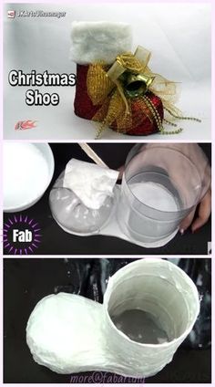 two pictures showing how to make christmas shoe vases with plastic cups and paper napkins