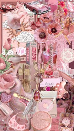 a pink collage with lots of different things in the background and flowers on it