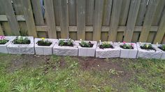 several cement planters are lined up in the grass near a fence and wooden posts