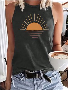 Gris Oscuro Casual Collar  Tela tejida Gráfico Tank Embellished Elástico Ligero Estilo Country, Stylish Letters, Deep Gray, Pantalon Large, Cami Tanks, Print Tank, Printed Tank Tops, Botswana, Sleeveless Tank Top