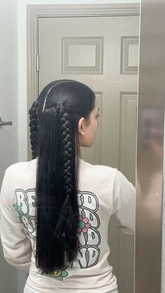 half up half doen style sepaeated into two braids  #halfuphalfdown #hairstyles #straighthairstyles #braidedhairstyle #braids Half Up Half Down Accessories, 2 Half Up Half Down Braids, Two Fish Tail Braid Hairstyles, Side Part Braid Hairstyles, Half Up Half Down With Two Braids, 2 Braid Ponytail Hairstyles, Half Braid Half Ponytail, Two Pig Tails Hairstyles Half Up, Yo Do Hairstyles