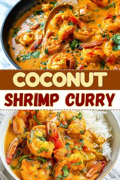 coconut shrimp curry in a bowl with rice and garnish