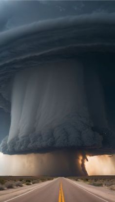 an image of a very large storm coming in from the sky over a desert road